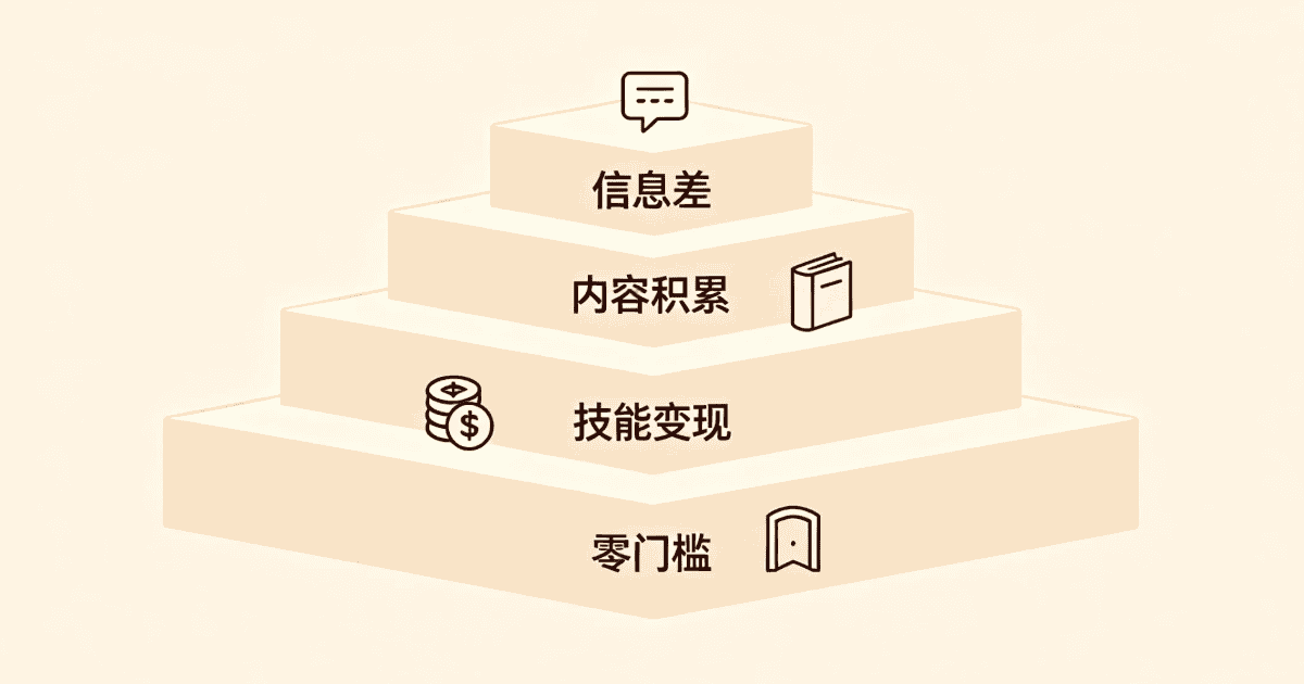 网上副业四档门槛分层示意图 从零门槛到信息差项目分类